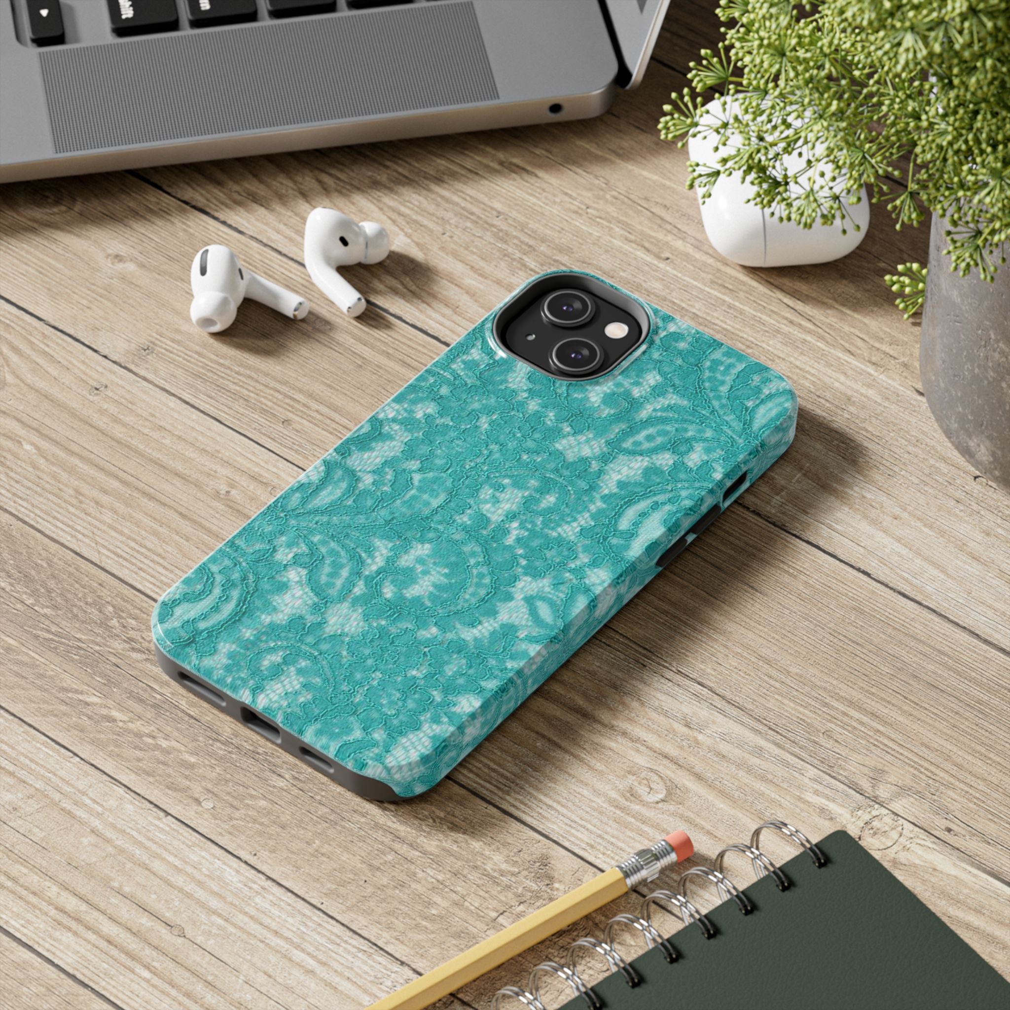 Teal Lace Tough Phone Case — Protective Floral-Pattern Phone Cover