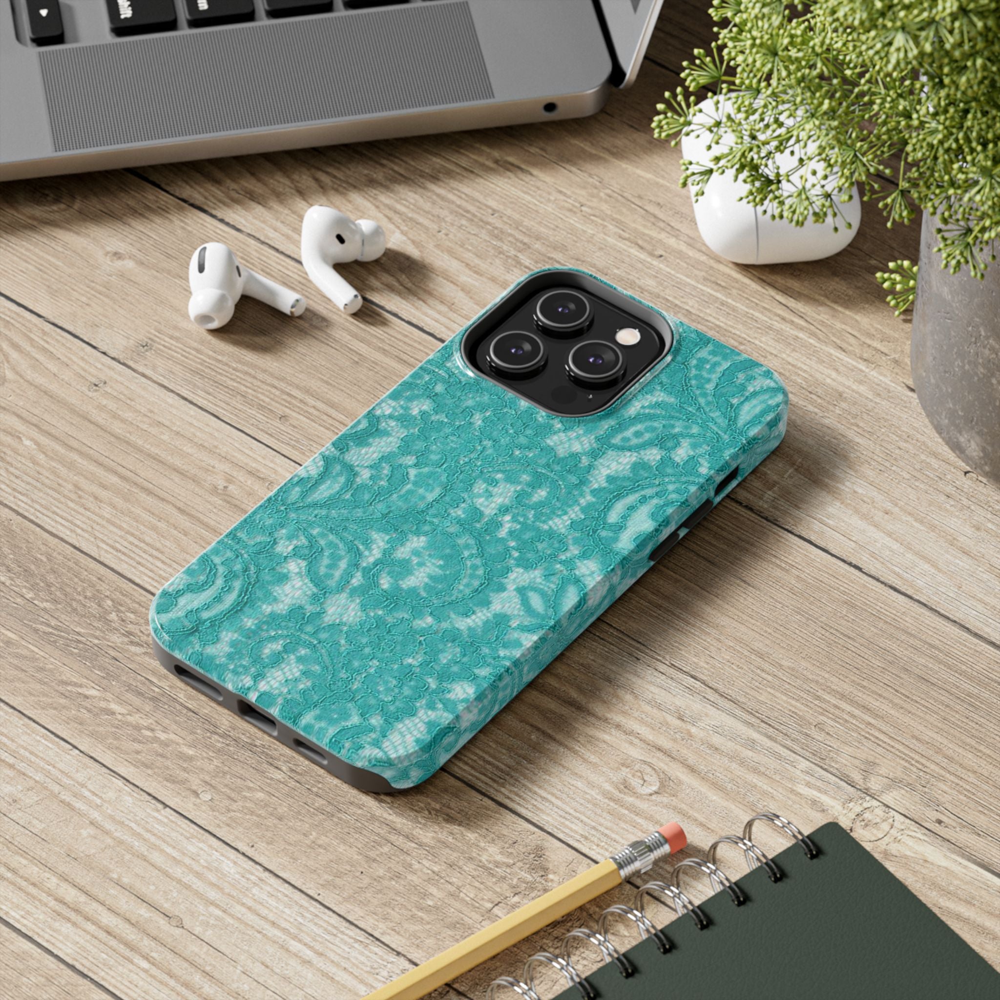 Teal Lace Tough Phone Case — Protective Floral-Pattern Phone Cover