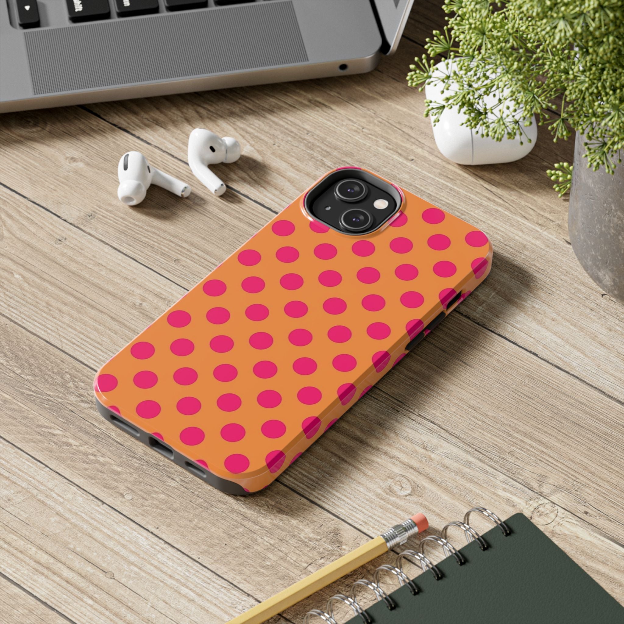 Bright Orange Phone Case with Hot Pink Polka Dots — Bold Retro Tough Phone Case