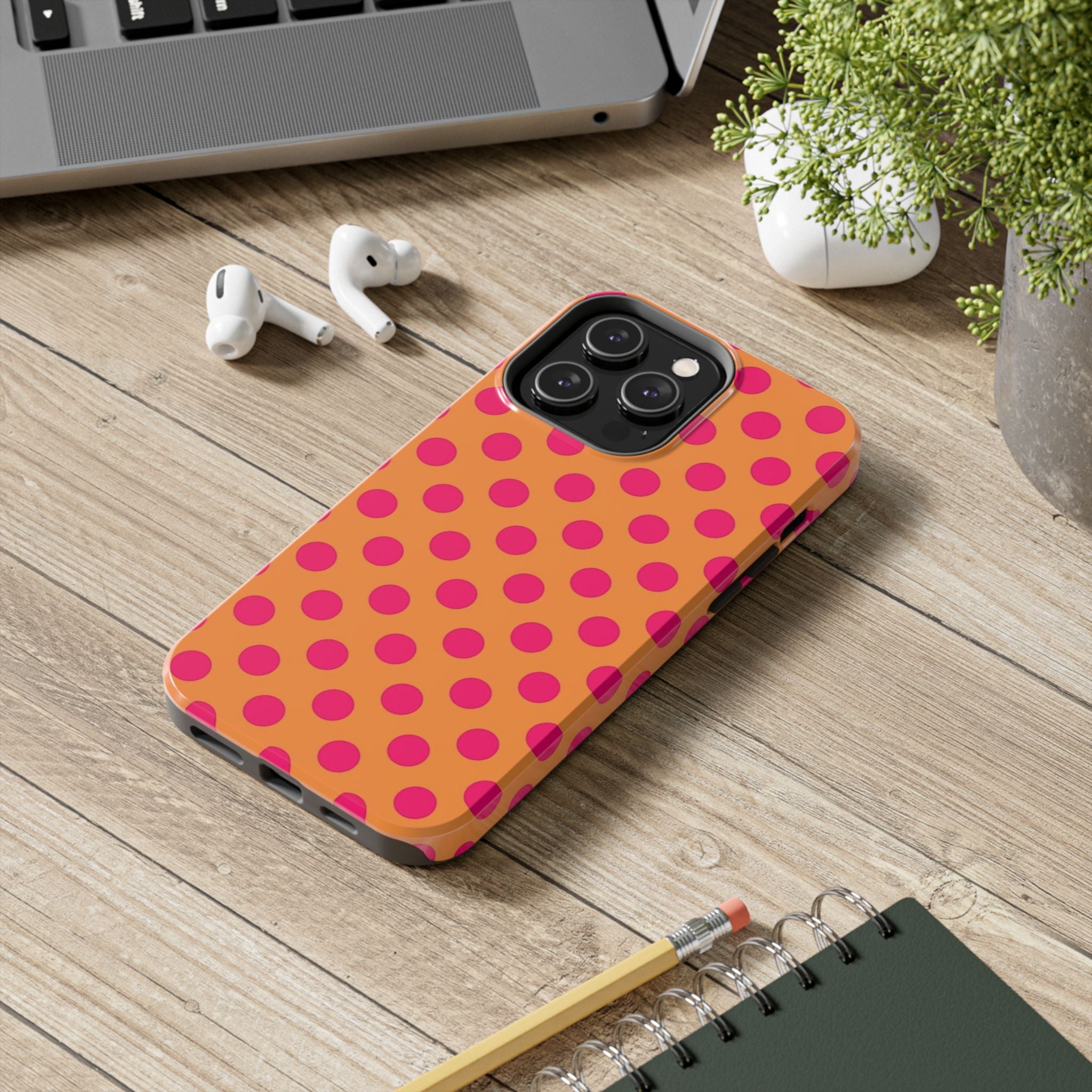 Bright Orange Phone Case with Hot Pink Polka Dots — Bold Retro Tough Phone Case
