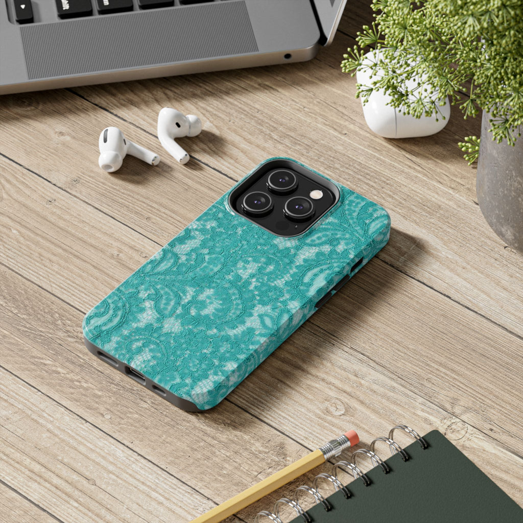 Teal Lace Tough Phone Case — Protective Floral-Pattern Phone Cover