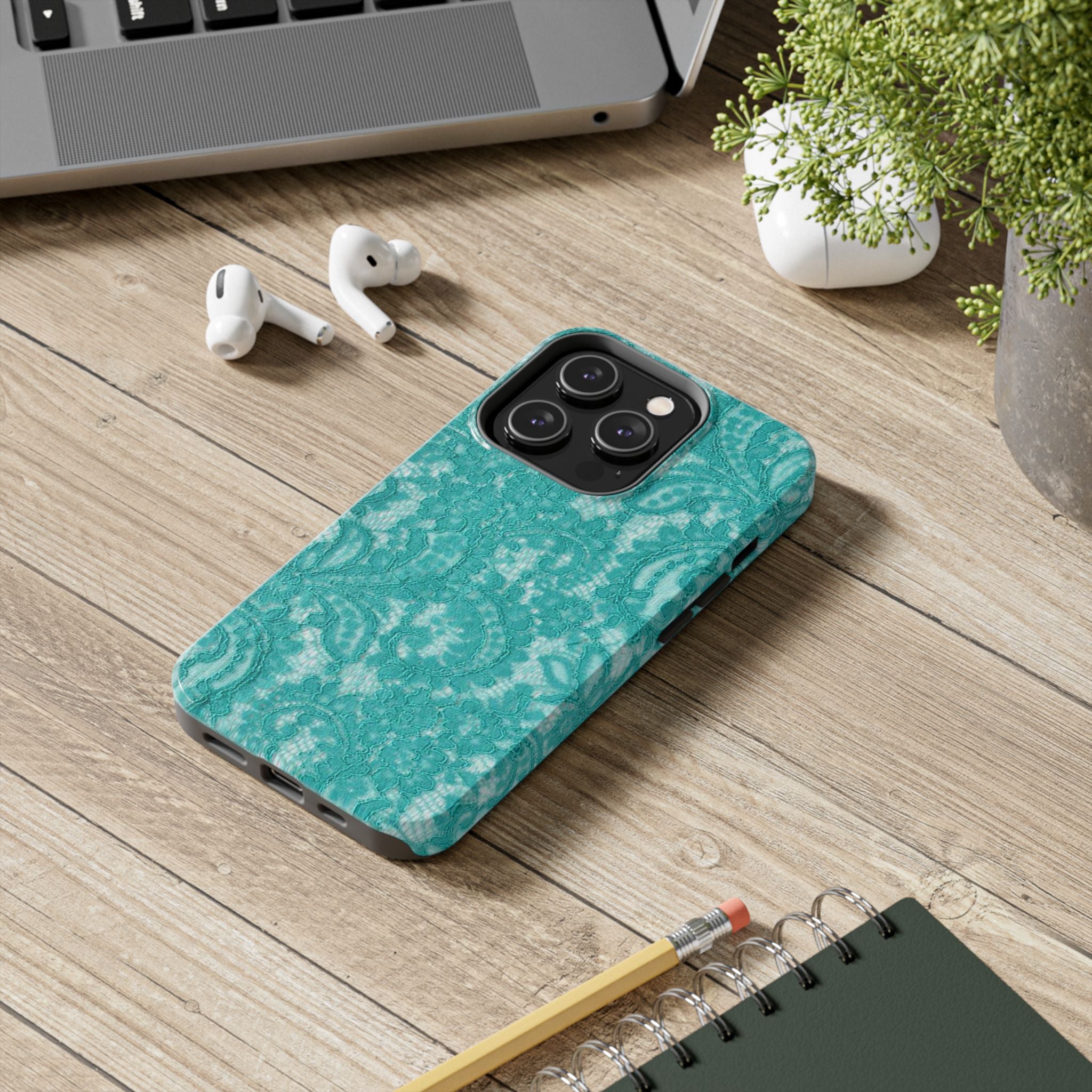 Teal Lace Tough Phone Case — Protective Floral-Pattern Phone Cover