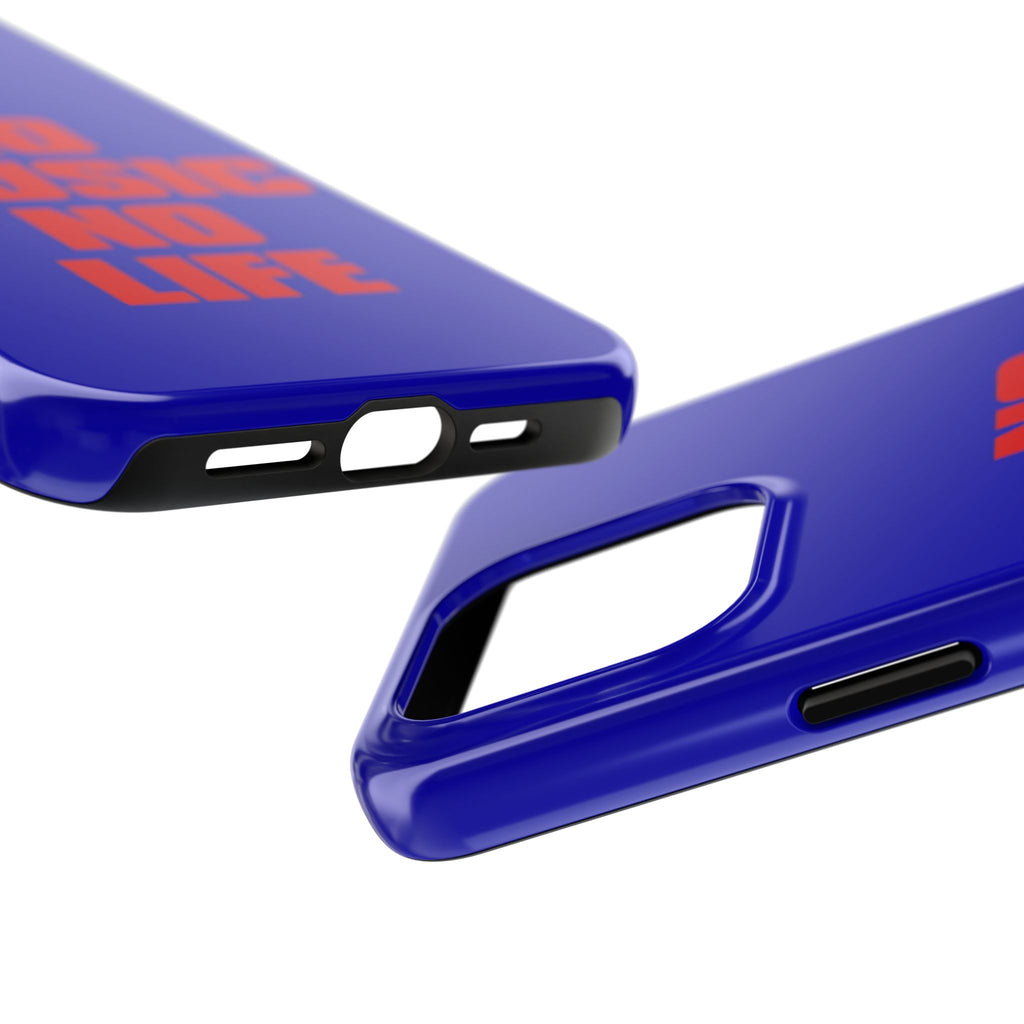 No Music No Life Phone Case — Bold Red Text on Blue Tough Protective Case