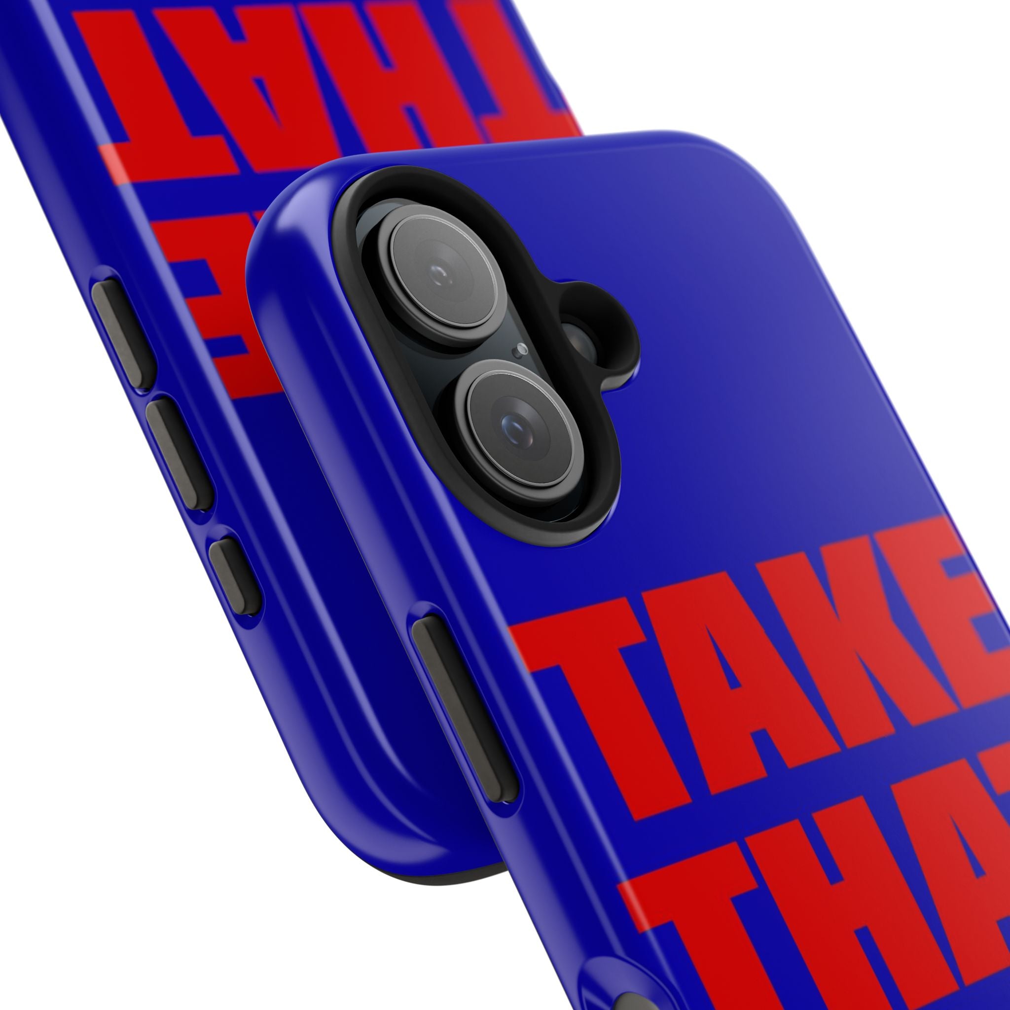 'Take That Risk' Tough Phone Case - Bold Red Typography on Royal Blue