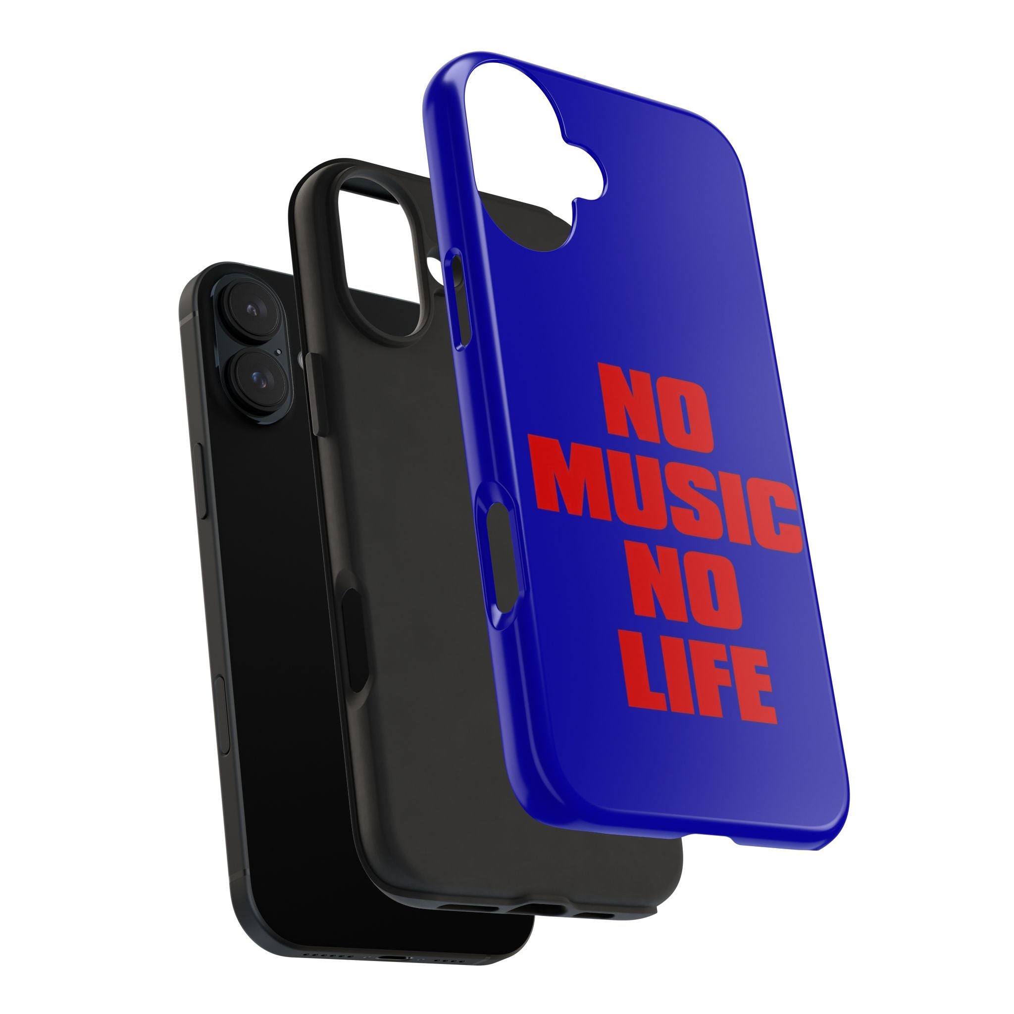 No Music No Life Phone Case — Bold Red Text on Blue Tough Protective Case