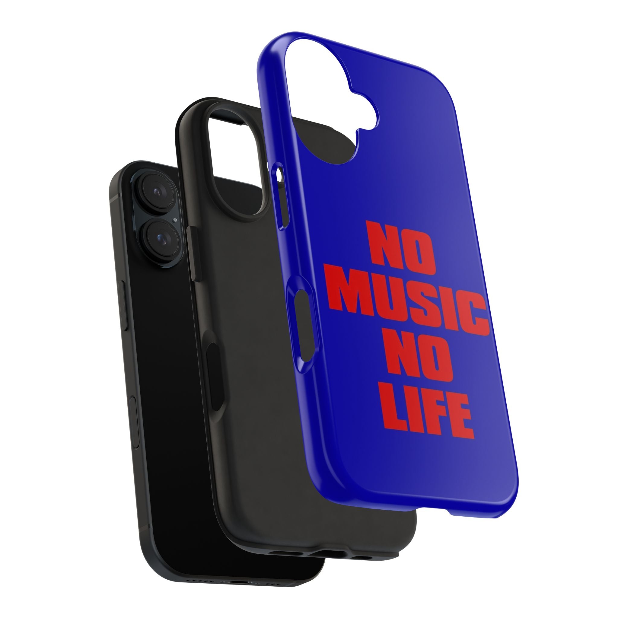 No Music No Life Phone Case — Bold Red Text on Blue Tough Protective Case