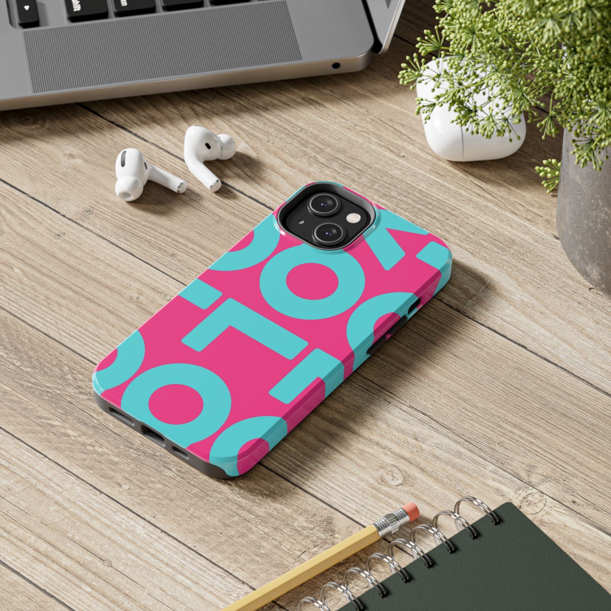 YOLO Tough Phone Case — Bold Pink & Teal Geometric Print