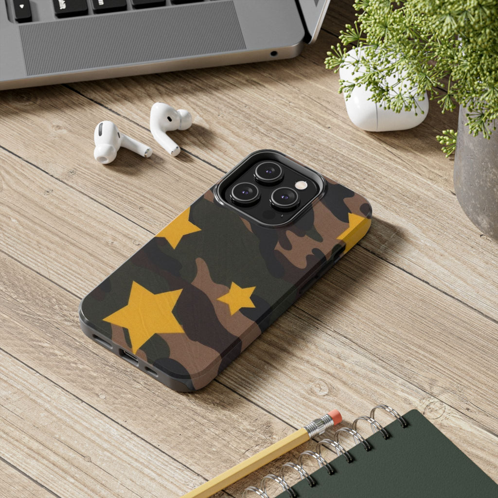 Camouflage Star Tough Phone Case — Military Camo Phone Cover with Yellow Stars