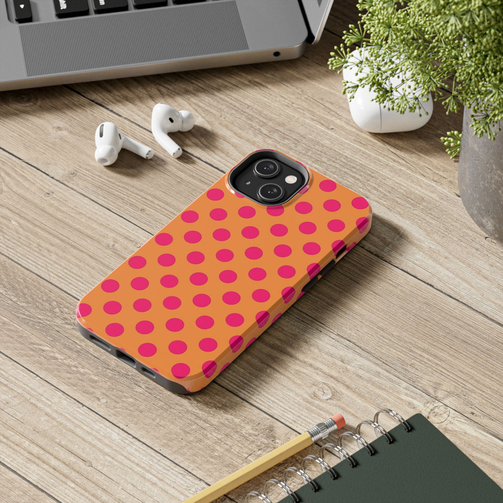 Bright Orange Phone Case with Hot Pink Polka Dots — Bold Retro Tough Phone Case