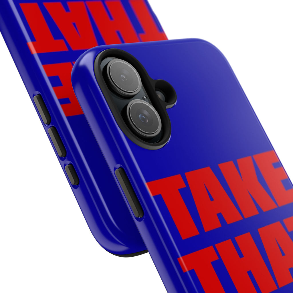 'Take That Risk' Tough Phone Case - Bold Red Typography on Royal Blue