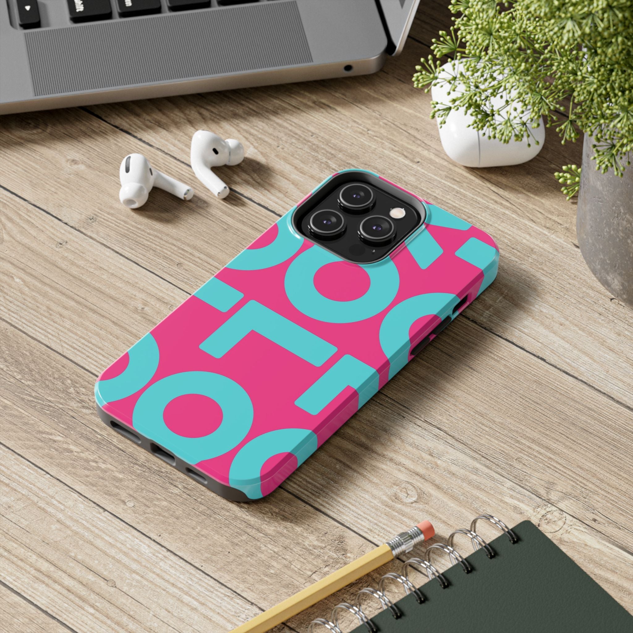 YOLO Tough Phone Case — Bold Pink & Teal Geometric Print