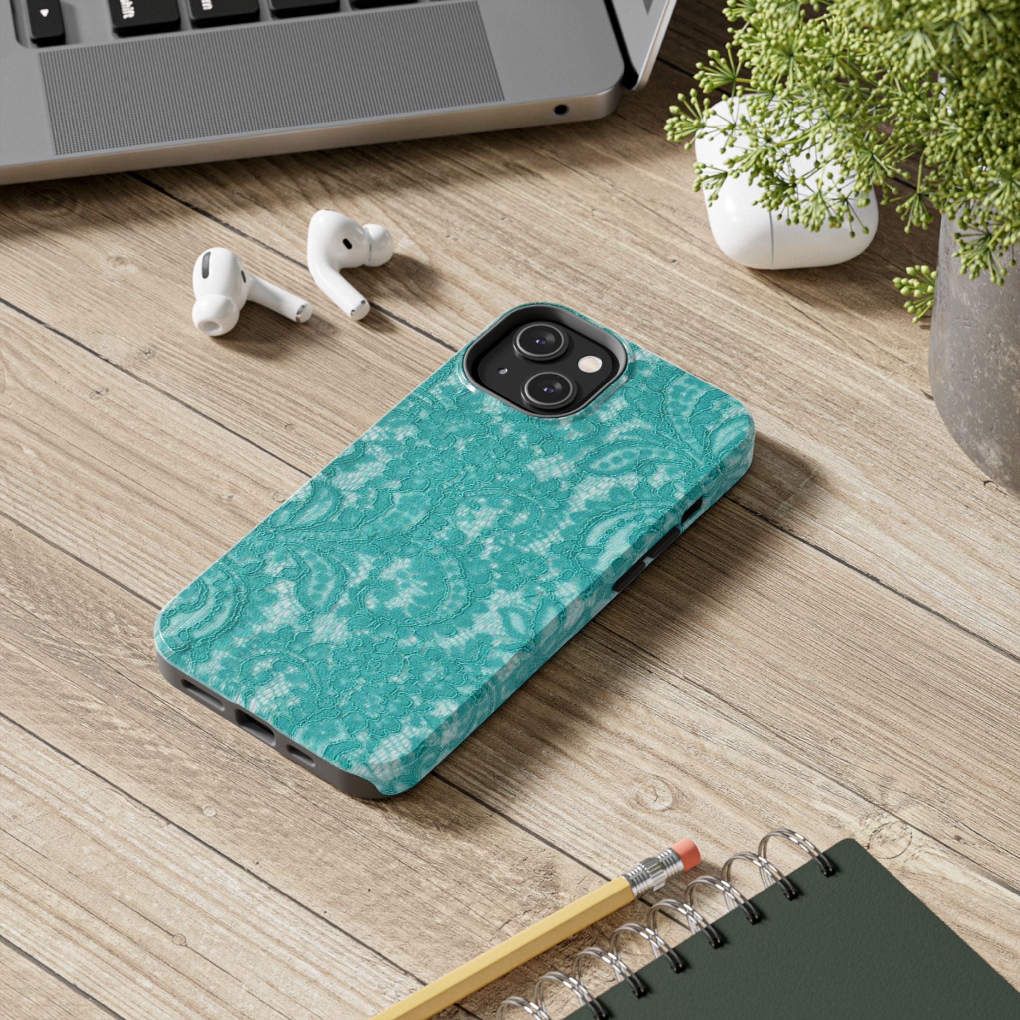 Teal Lace Tough Phone Case — Protective Floral-Pattern Phone Cover