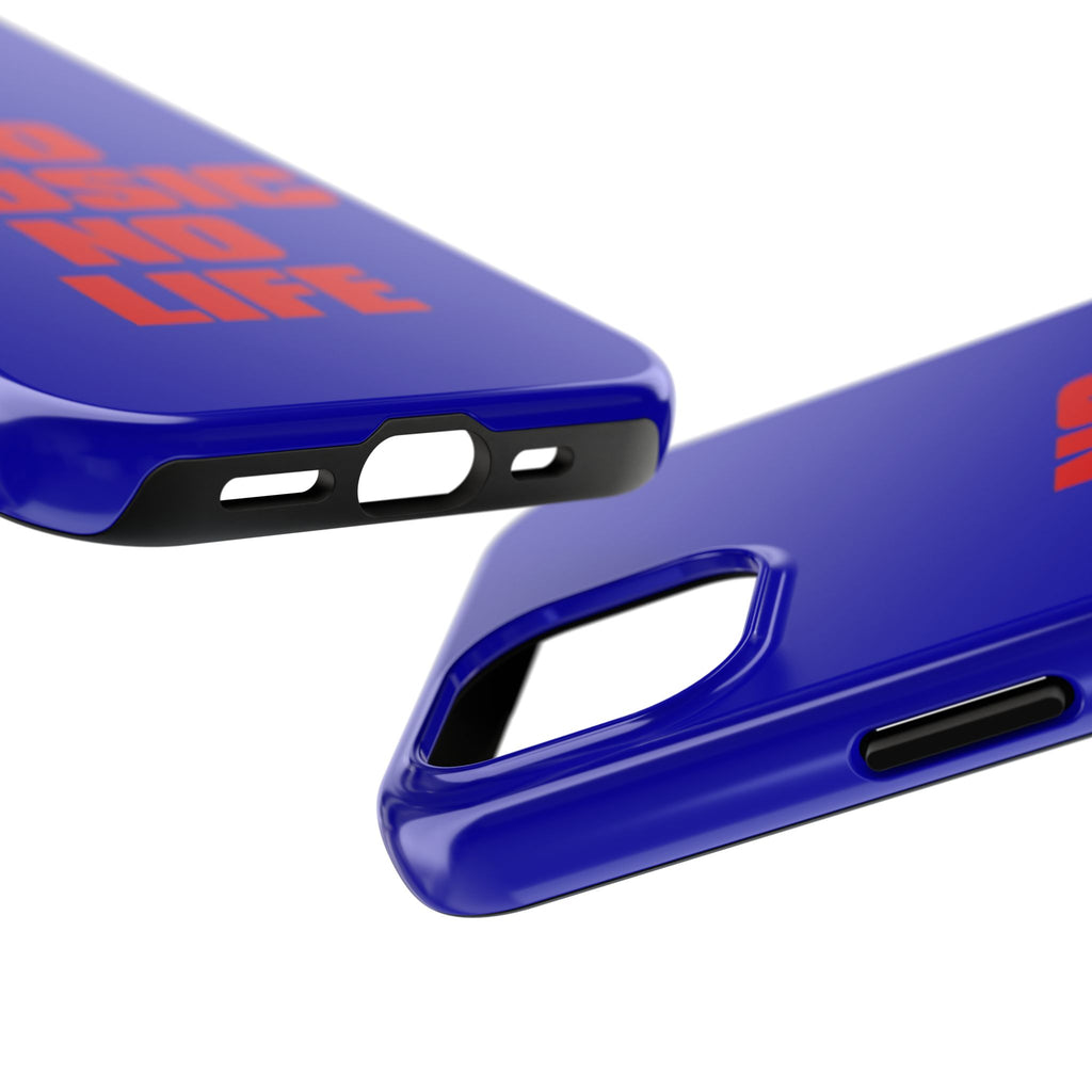 No Music No Life Phone Case — Bold Red Text on Blue Tough Protective Case