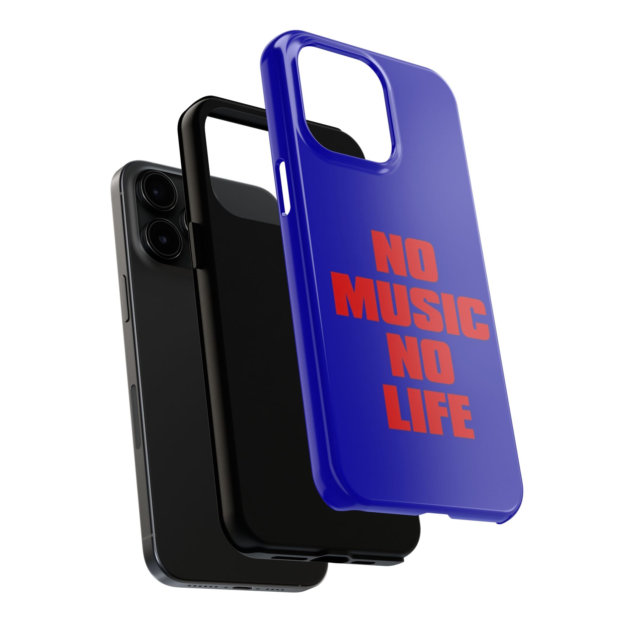 No Music No Life Phone Case — Bold Red Text on Blue Tough Protective Case