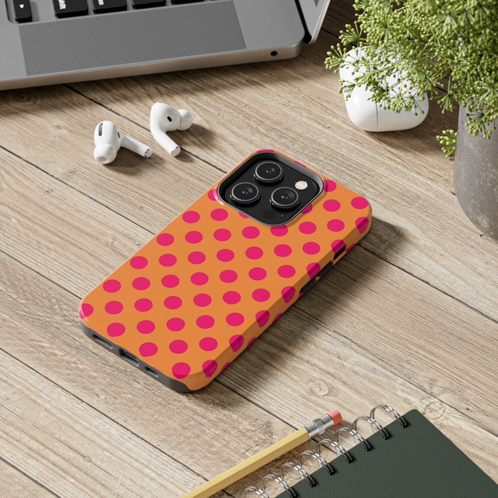 Bright Orange Phone Case with Hot Pink Polka Dots — Bold Retro Tough Phone Case