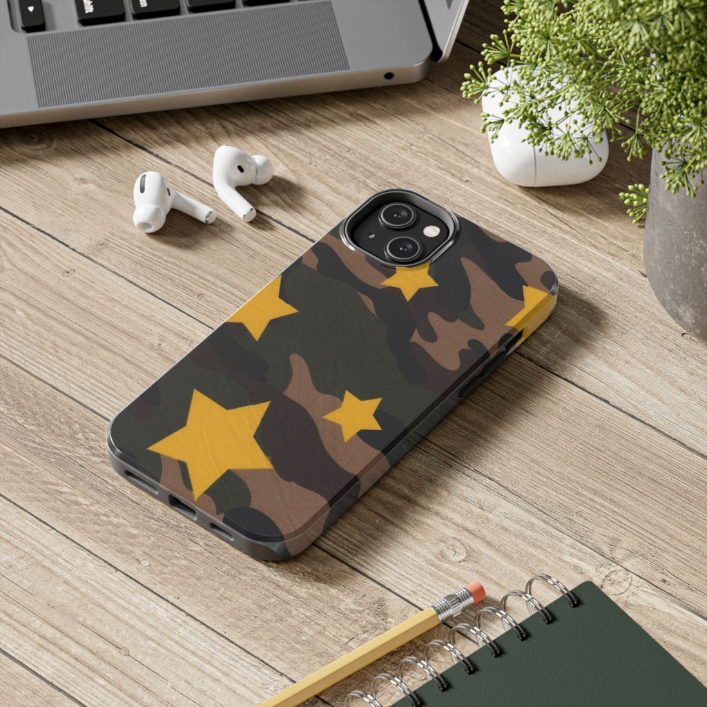 Camouflage Star Tough Phone Case — Military Camo Phone Cover with Yellow Stars