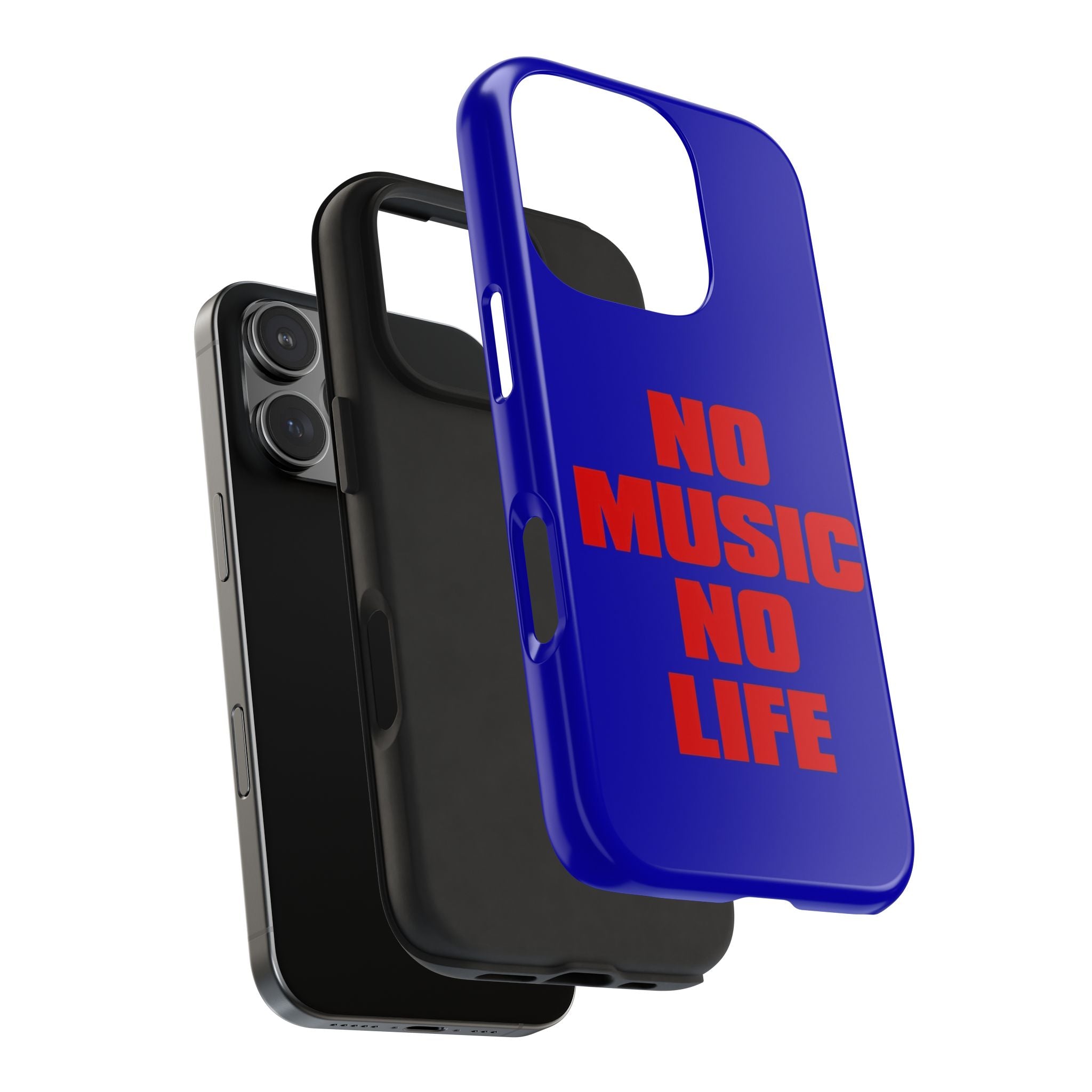 No Music No Life Phone Case — Bold Red Text on Blue Tough Protective Case