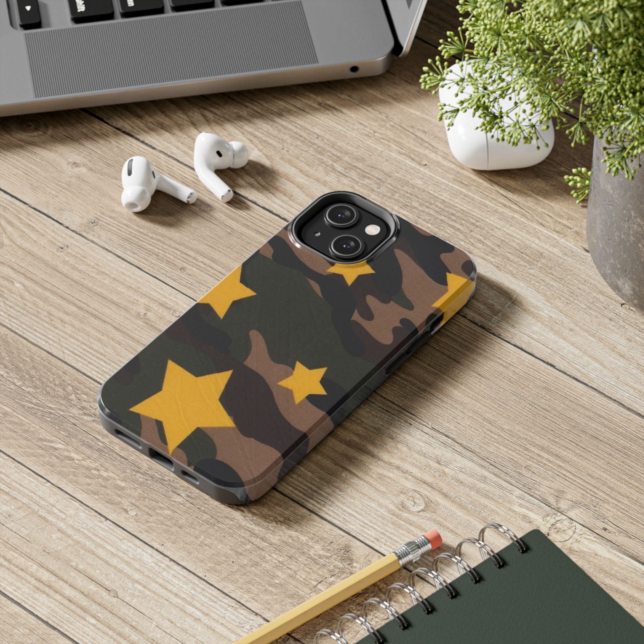 Camouflage Star Tough Phone Case — Military Camo Phone Cover with Yellow Stars
