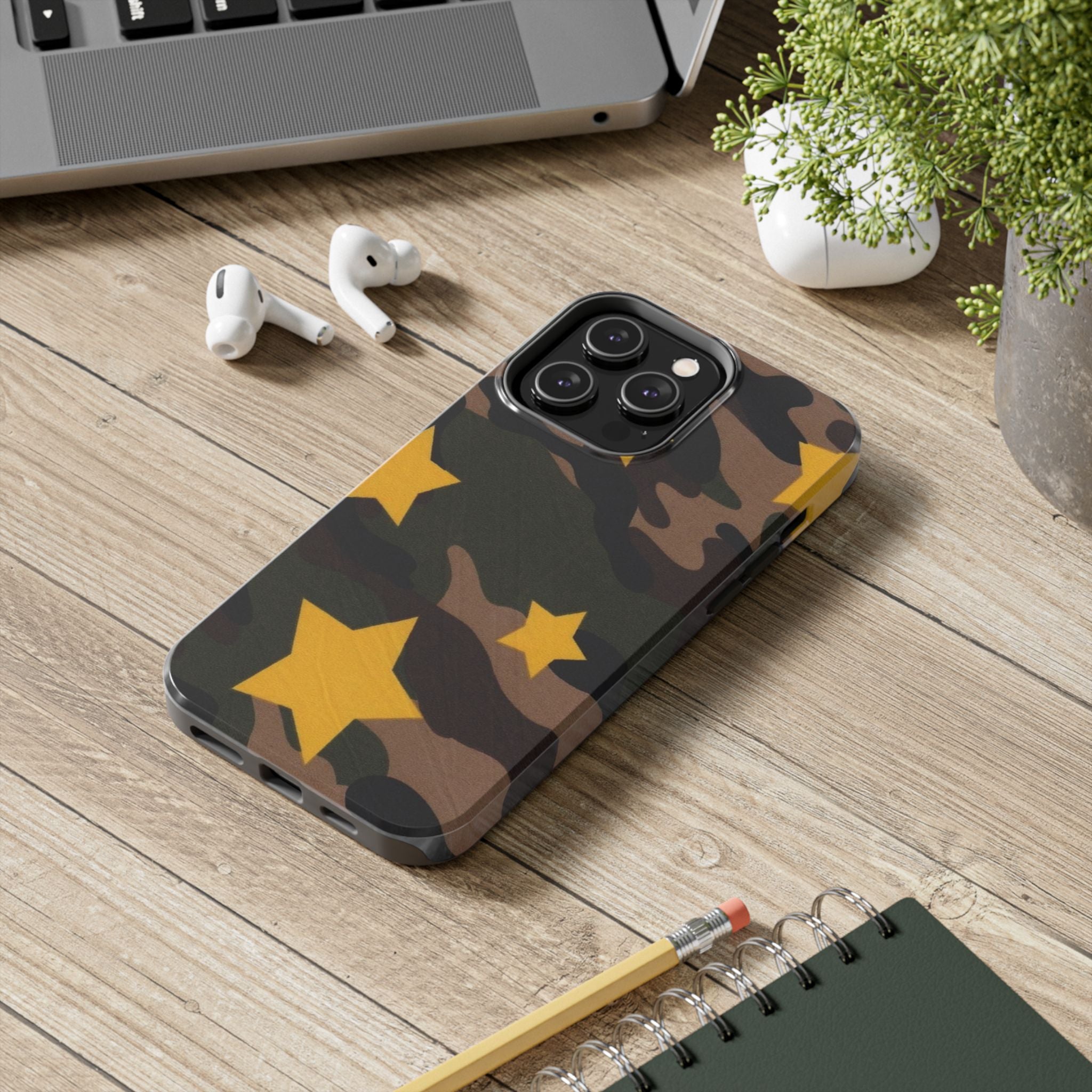 Camouflage Star Tough Phone Case — Military Camo Phone Cover with Yellow Stars