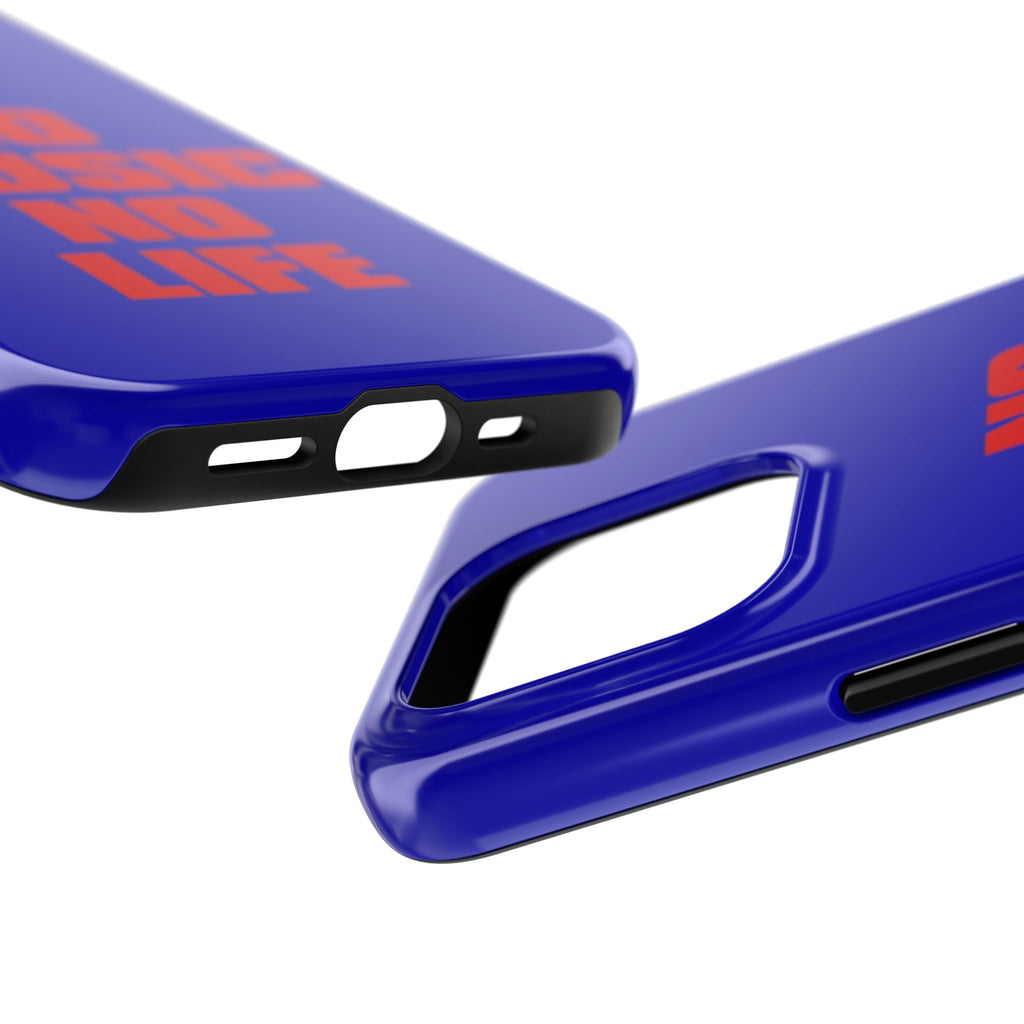No Music No Life Phone Case — Bold Red Text on Blue Tough Protective Case
