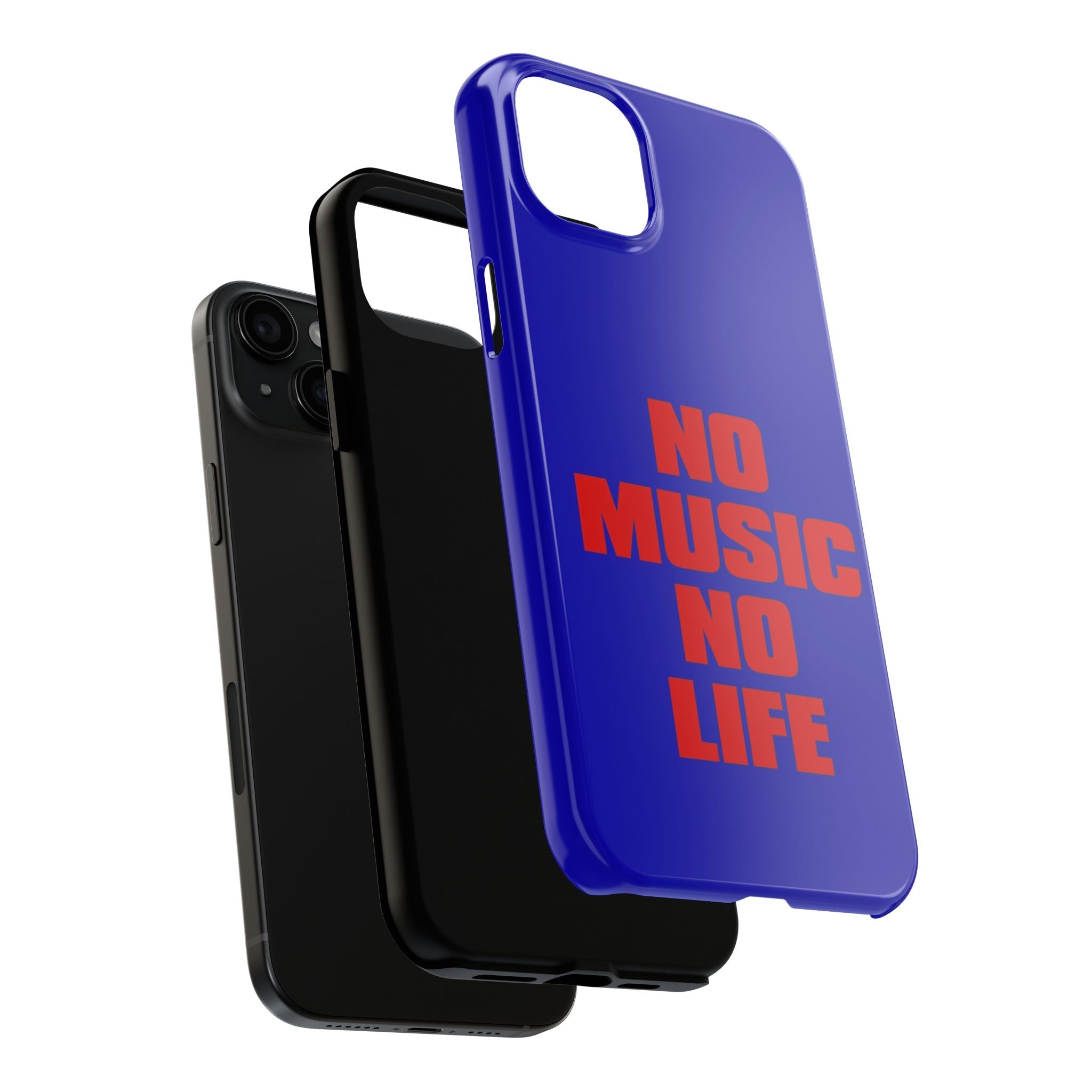 No Music No Life Phone Case — Bold Red Text on Blue Tough Protective Case